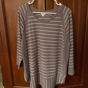 Purple and White Striped 3/4 Length Sleeve Waffle Knit Top
